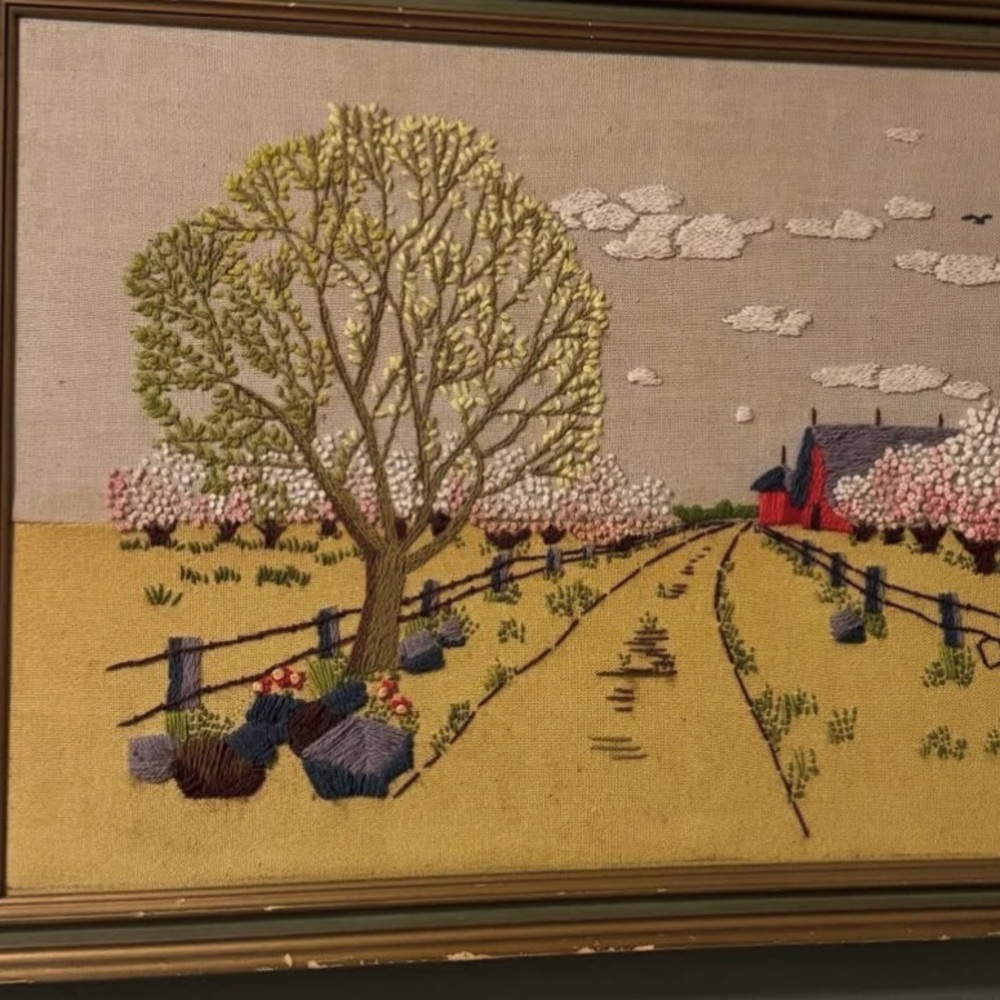 Framed Embroidered Crewel Landscape Art - Picture 5 of 5